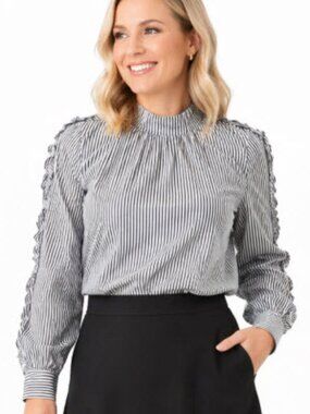 Pink Tartan Striped Blouse Ruffle Shoulder Size 8 Black White